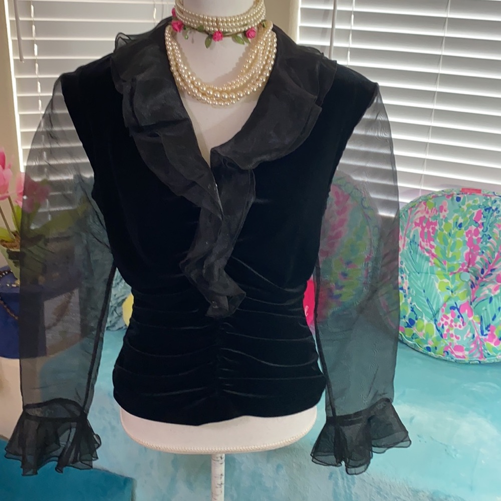 Black Velvet Ruffle Sheer Sleeve Women's Top
